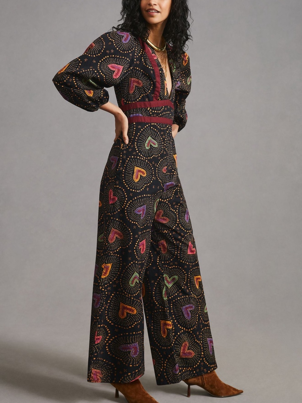 Farm Rio Deep V Heart-Print Wide-Leg Jumpsuit Size L NWT - Picture 3 of 7
